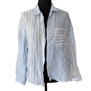 Nicole Miller Linen Button Down Shirt Blue White Striped Size L Coastal Resort